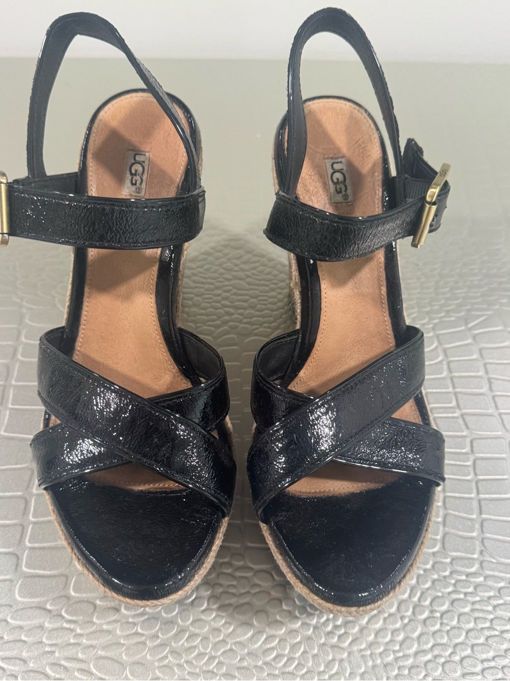 UGG Black Patent Leather Crisscross Wedge Sandals